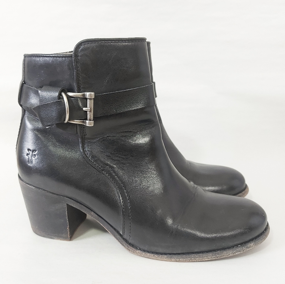 Frye Women Melissa Knotted Short Boots Size 8.5 Black Leather Edge Buckle Strap - Picture 3 of 16